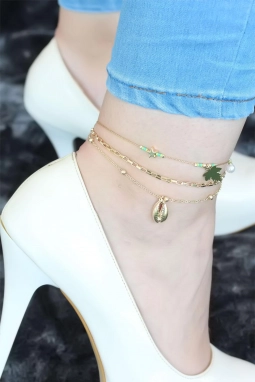 Gold Renk Yeşil Boncuklu Çoklu Halhal