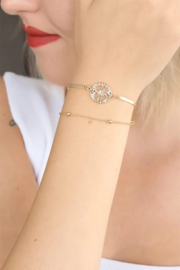 Gold Renk Zirkon Taşlı Tasarım Kadın Bileklik