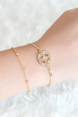 Gold Renk Zirkon Taşlı Tasarım Kadın Bileklik