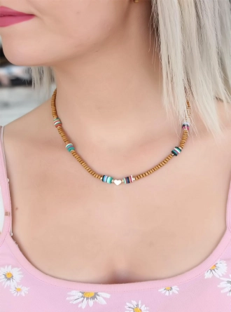 Taba Rengi Boncuklu Kalp Detaylı Bayan Kolye 