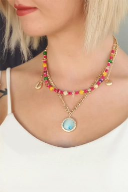 Renkli Boncuklu Çoklu Tasarım Gold Bayan Kolye