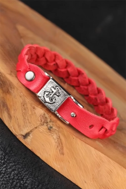 Kırmızı Renk Örgü Model Deniz Çapası Aksesuarlı Deri Erkek Bileklik