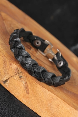 Siyah Renk Örgü Model Çapa Aksesuarlı Deri Erkek Bileklik