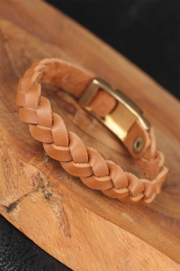 Kahverengi Örgü Model Metal Aksesuarlı Deri Erkek Bileklik