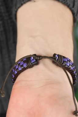 Mavi Renk Damalı Deri Erkek Bileklik