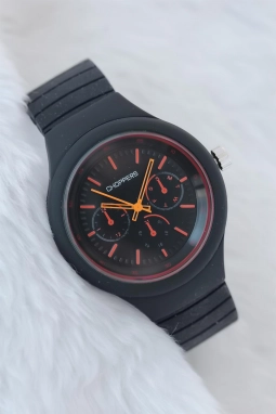 Turuncu Kadranlı Siyah Silikon Kordonlu Bayan Kol Saati