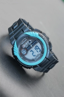 Siyah Silikon Kordonlu Turkuaz Kasa Spor Dijital Erkek Saat 