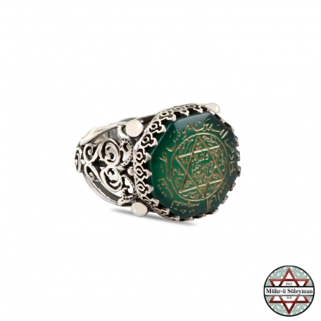 Mührü Süleyman Tamamı EL Yazması Yeşil AKİK Taşlı 925 Ayar Gümüş Yüzük