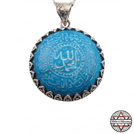NAZAR Duası Yazılı Ortasında ALLAH MUHAMMED Yazılı Turkuaz Taşlı Gümüş Kolye