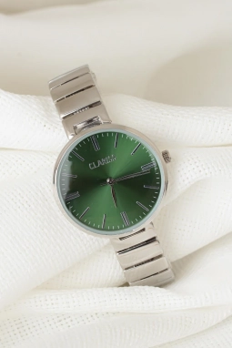 Silver Renk Metal Kordonlu Yeni Sezon Yeşil Renk İç Tasarımlı Bayan Clariss Marka Kol Saati 